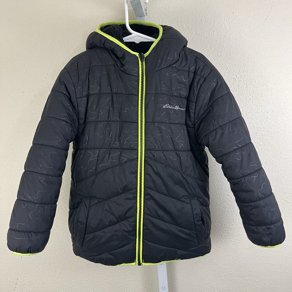 Eddie Bauer Reversible Hooded Puffer Plush Coat Boys Size XS 5/6 Black